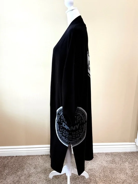 DKNY Black Oversized Patch Logo Cardigan Longline Duster Sweater Size M/L NWOT - Picture 7 of 10